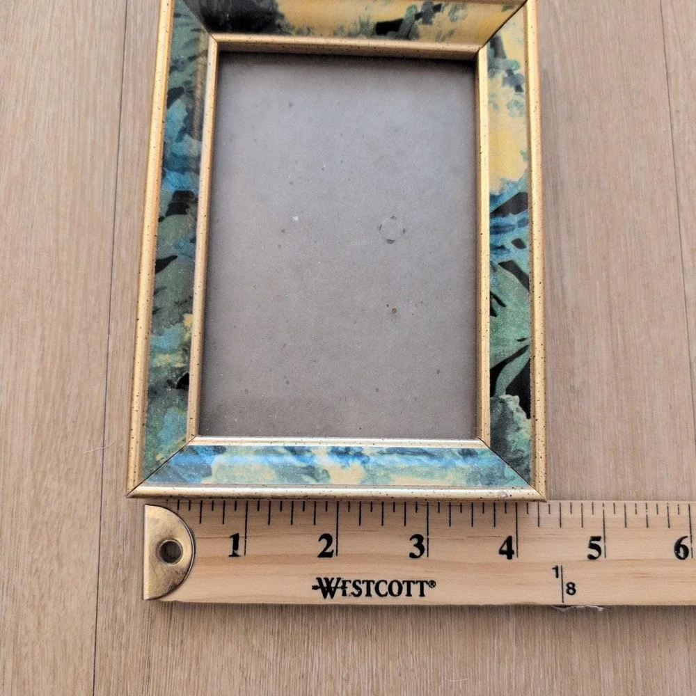 Vintage Blue Green Marbled Gold Tone Small Picture Frame 4.5x6 Tabletop Easel